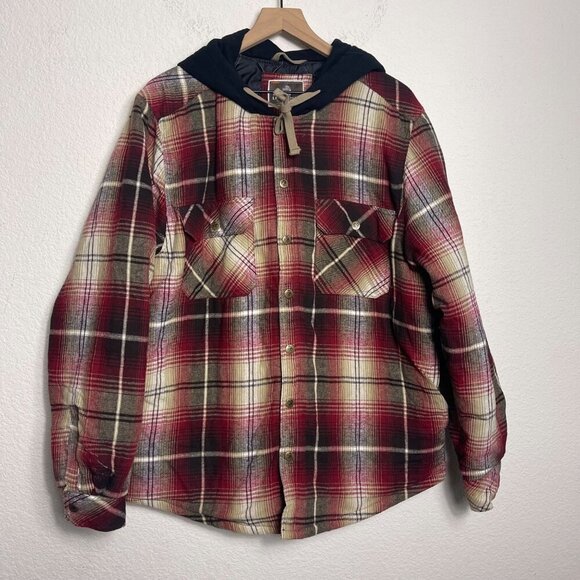 Legendary Outfitters Plaid Shacket Large Red/Brown Hooded Snap Front Drawstring - Picture 4 of 13